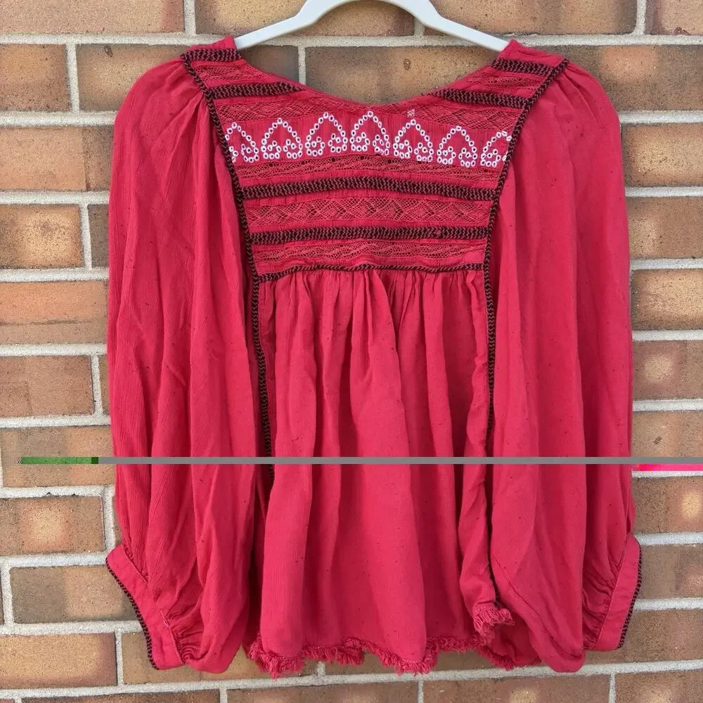 Free People Cyprus Avenue Embroidery Red Boho Long Sleeve Top Sz Large